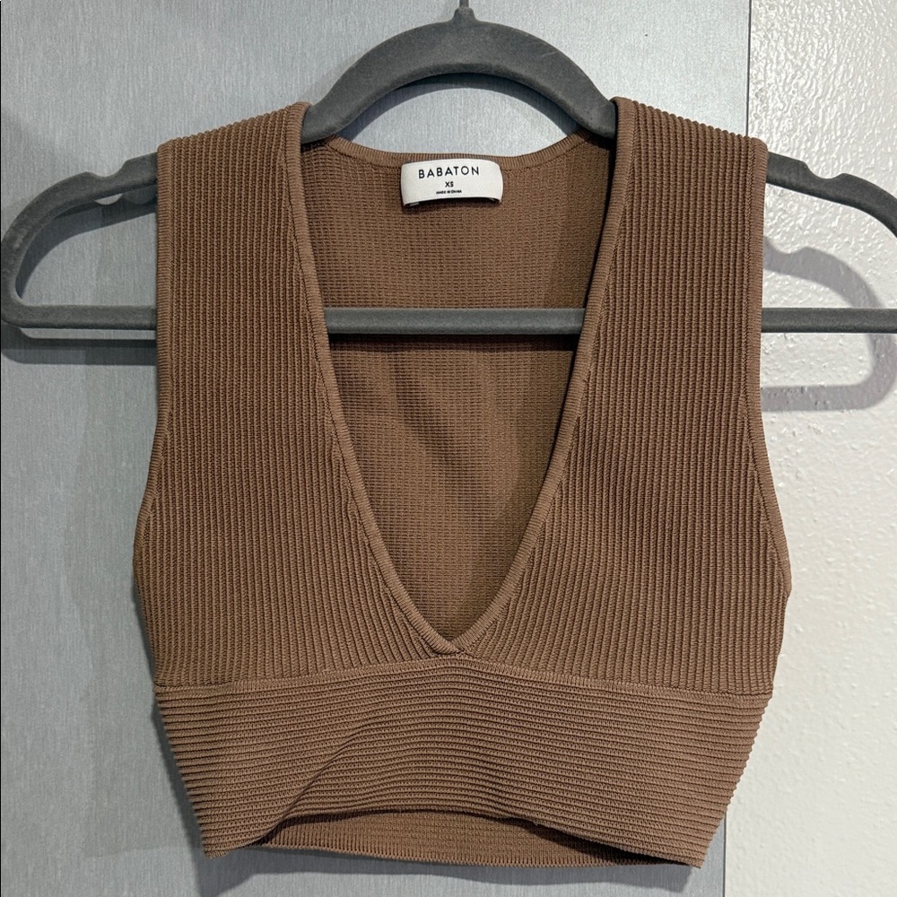 Aritzia Babaton Brown Ribbed V-Neck Cropped Tank